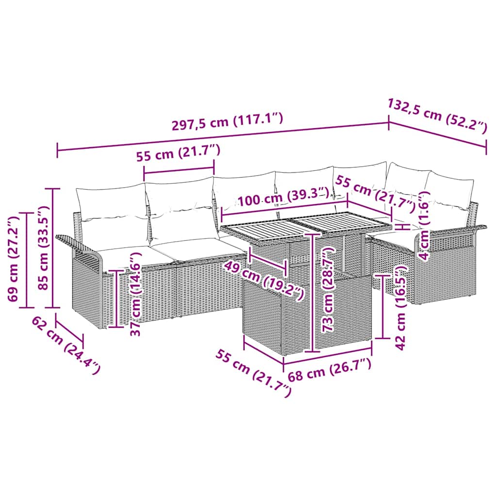 Gartensofa-set mit Kissen 7 pcs Beige und Creme Poly-Rattan