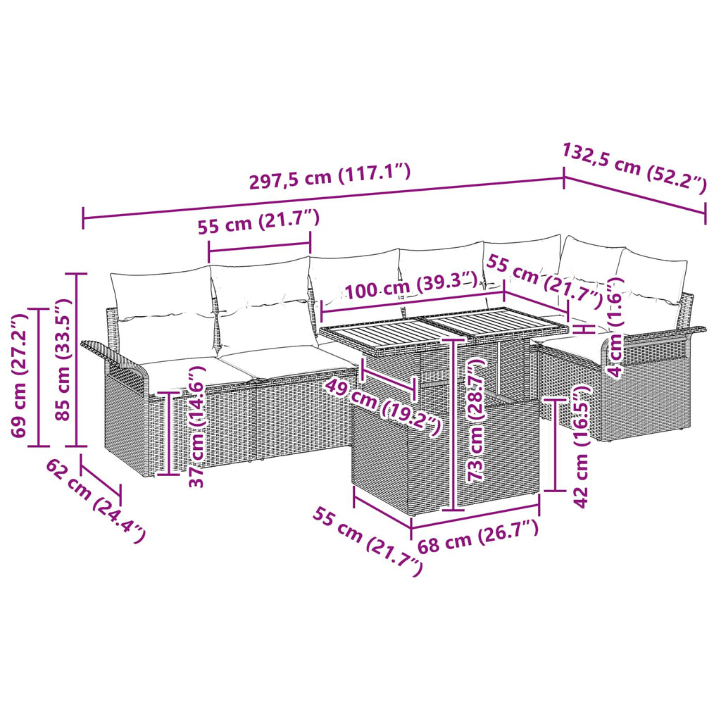 Gartensofa-set mit Kissen 7 pcs Grau und Marineblau Poly-Rattan