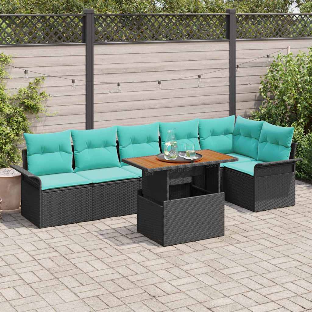 Gartensofa-set mit Kissen 7 pcs Schwarz und Blau Poly-Rattan