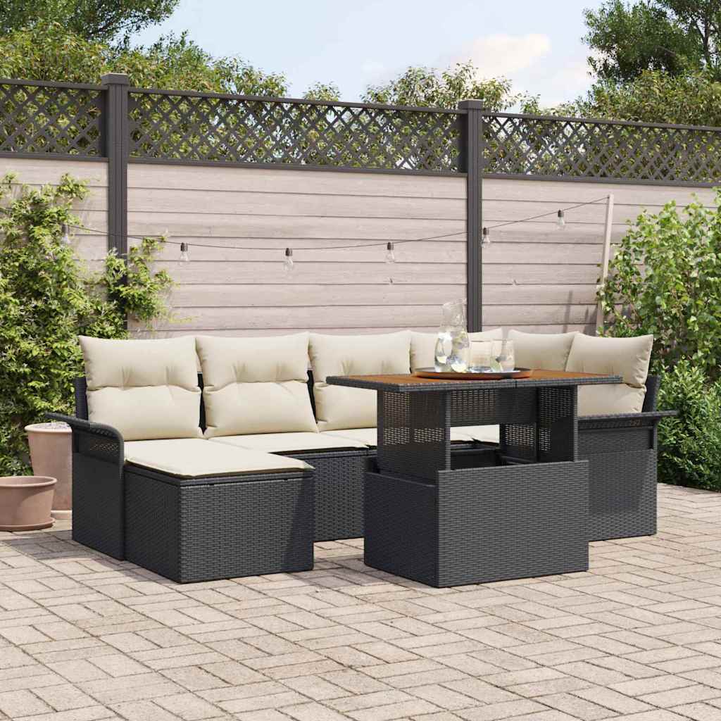 Gartensofa-set mit Kissen 7 pcs Schwarz und Creme Poly-Rattan