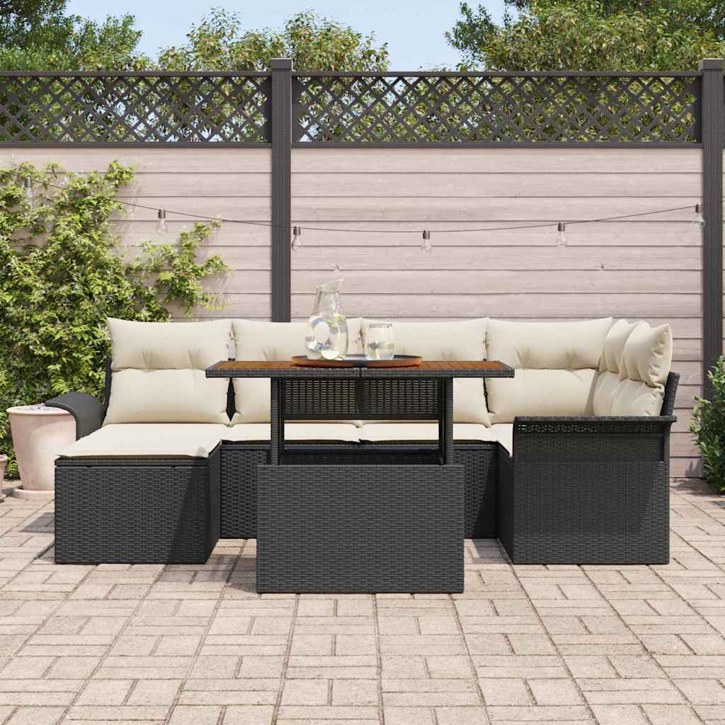 Gartensofa-set mit Kissen 7 pcs Schwarz und Creme Poly-Rattan