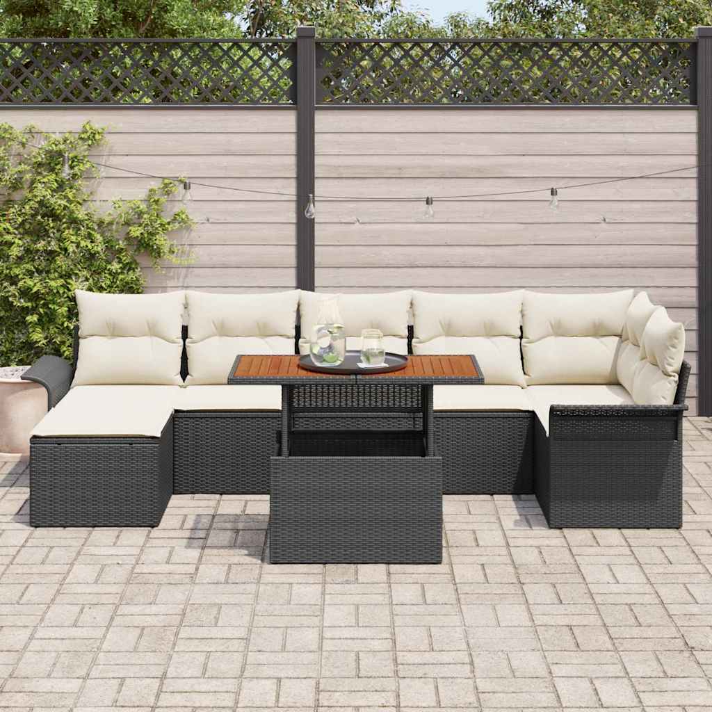 Gartensofa-set mit Kissen 8 pcs Schwarz und Creme Poly-Rattan