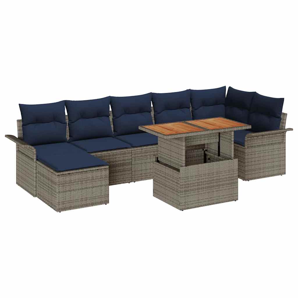 Gartensofa-set mit Kissen 8 pcs Grau und Marineblau Poly-Rattan