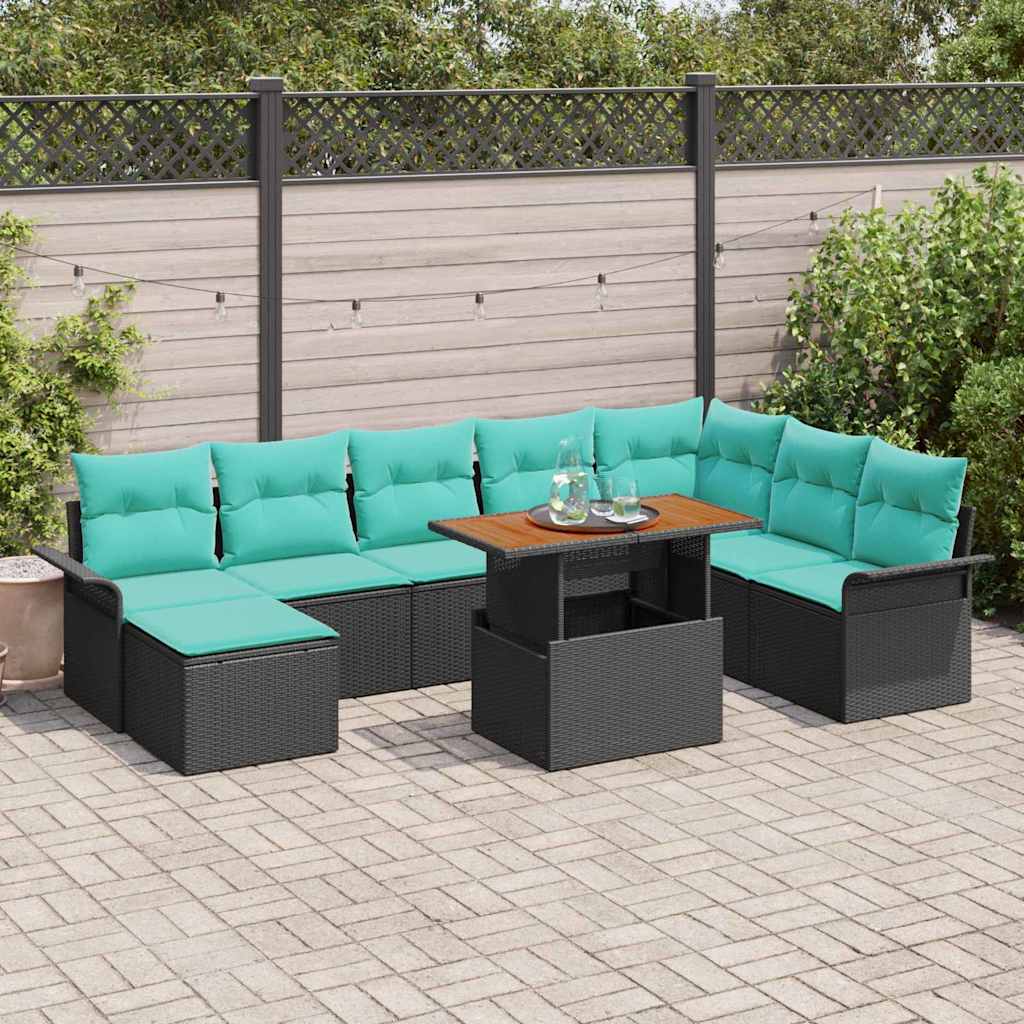 Garten-Sofa-Set mit Kissen mit Speicher 9 pcs Schwarz und blau