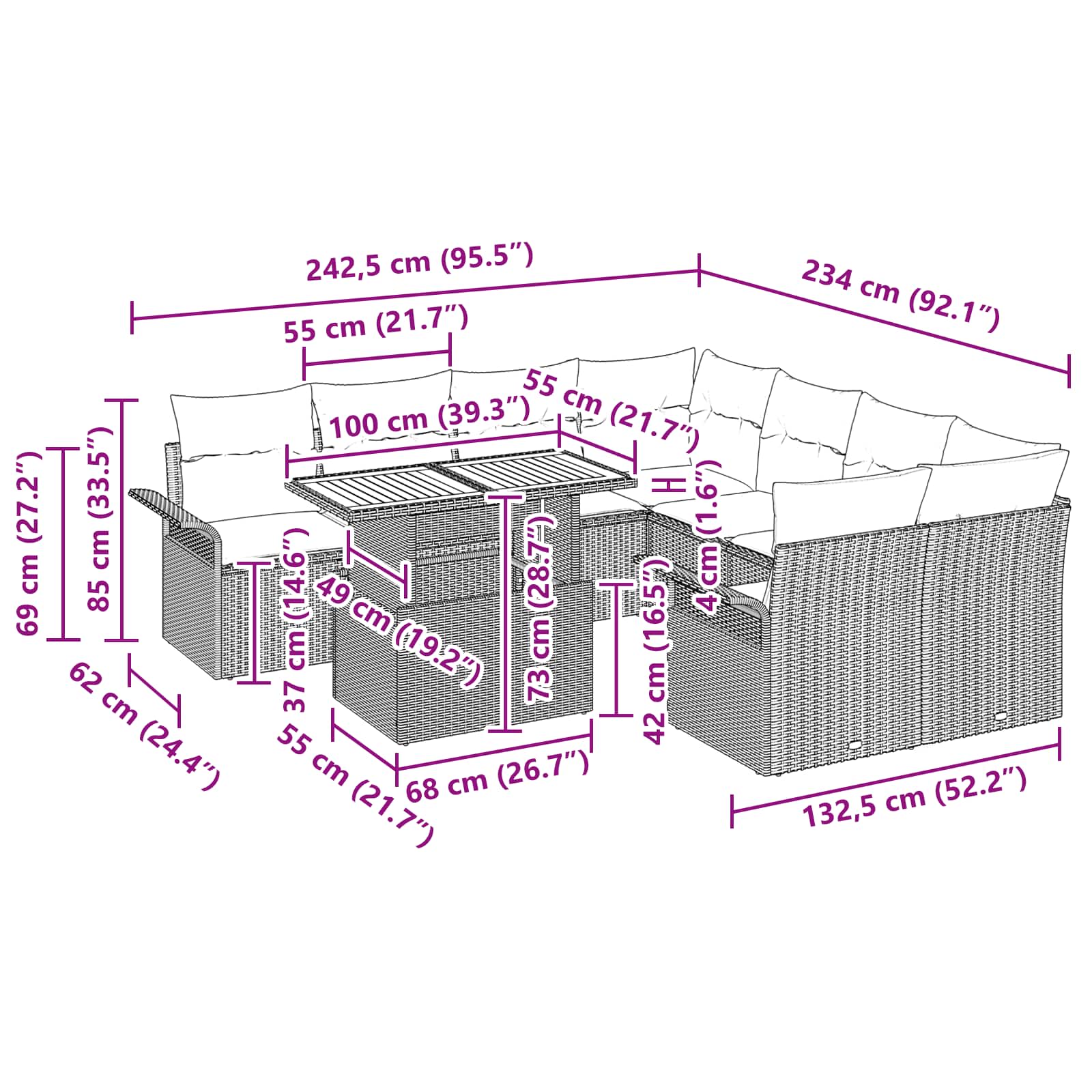 Gartensofa-set mit Kissen 11 pcs Schwarz und Blau Poly-Rattan