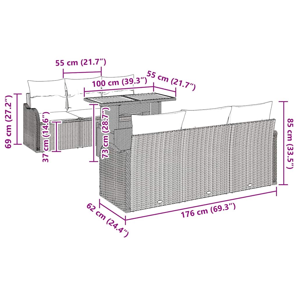 Gartensofa-set mit Kissen 7 pcs Grau Poly-Rattan