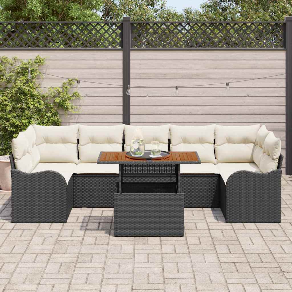 Gartensofa-set mit Kissen 8 pcs Schwarz und Creme Poly-Rattan