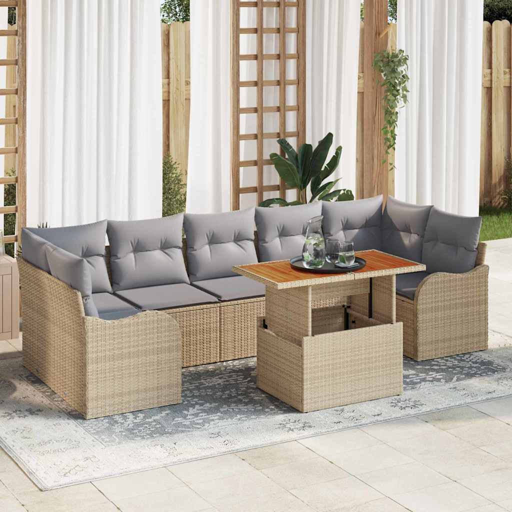 Gartensofa-set mit Kissen 8 pcs Beige und Hellgrau Poly-Rattan
