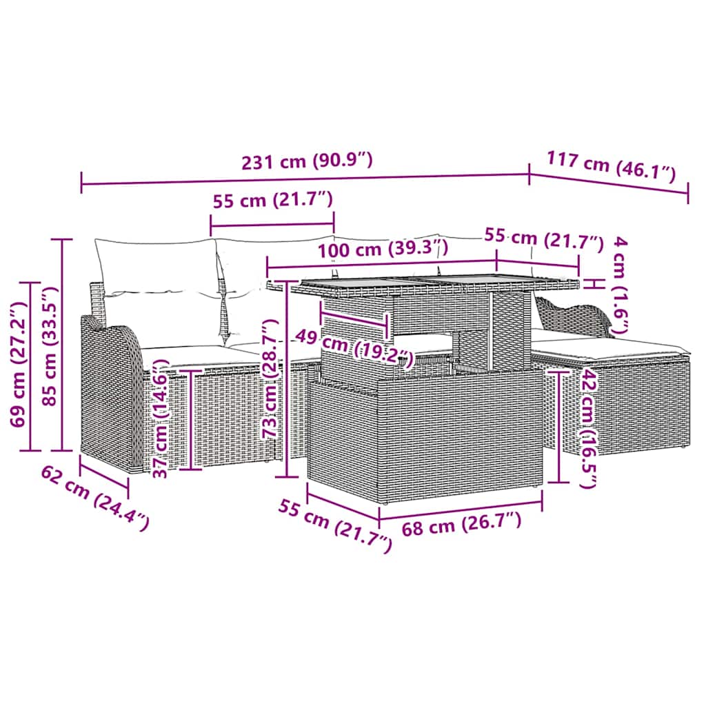 Gartensofa-set mit Kissen 6 pcs Grau Poly-Rattan