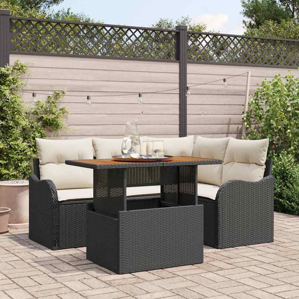 Gartensofa-set mit Kissen 5 pcs Schwarz und Creme Poly-Rattan