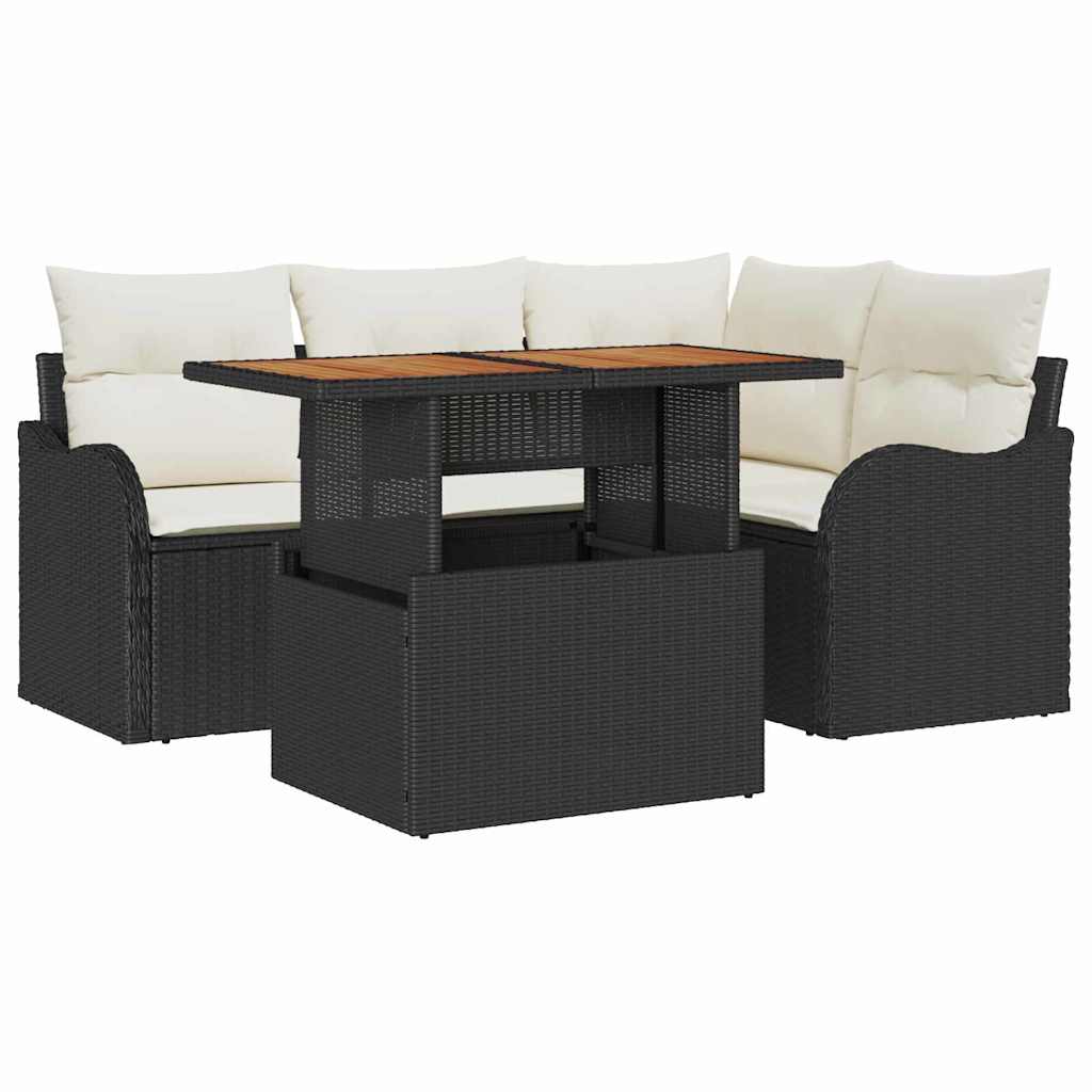 Gartensofa-set mit Kissen 5 pcs Schwarz und Creme Poly-Rattan