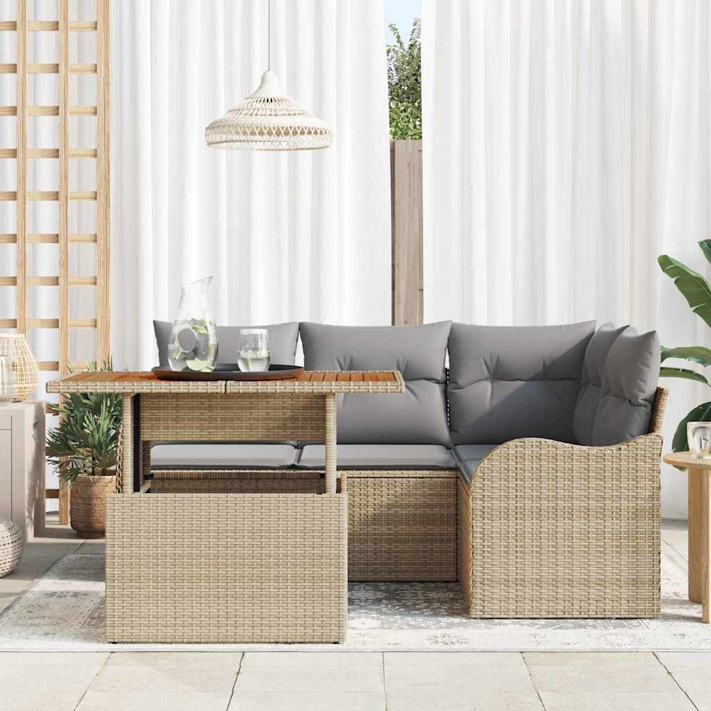 Gartensofa-set mit Kissen 5 pcs Beige und Hellgrau Poly-Rattan