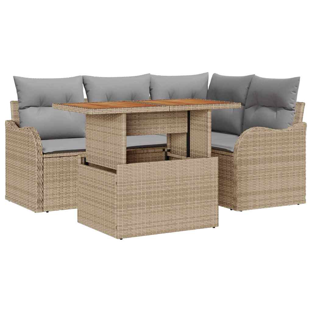 Gartensofa-set mit Kissen 5 pcs Beige und Hellgrau Poly-Rattan