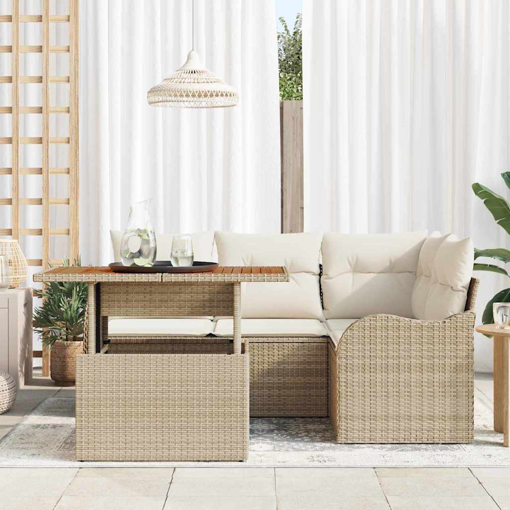 Gartensofa-set mit Kissen 5 pcs Beige und Creme Poly-Rattan