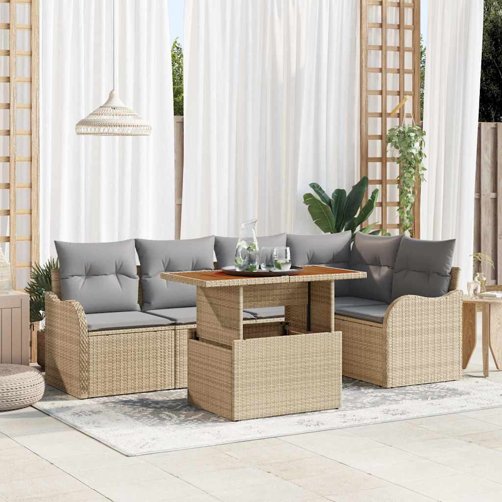 Gartensofa-set mit Kissen 6 pcs Beige und Hellgrau Poly-Rattan