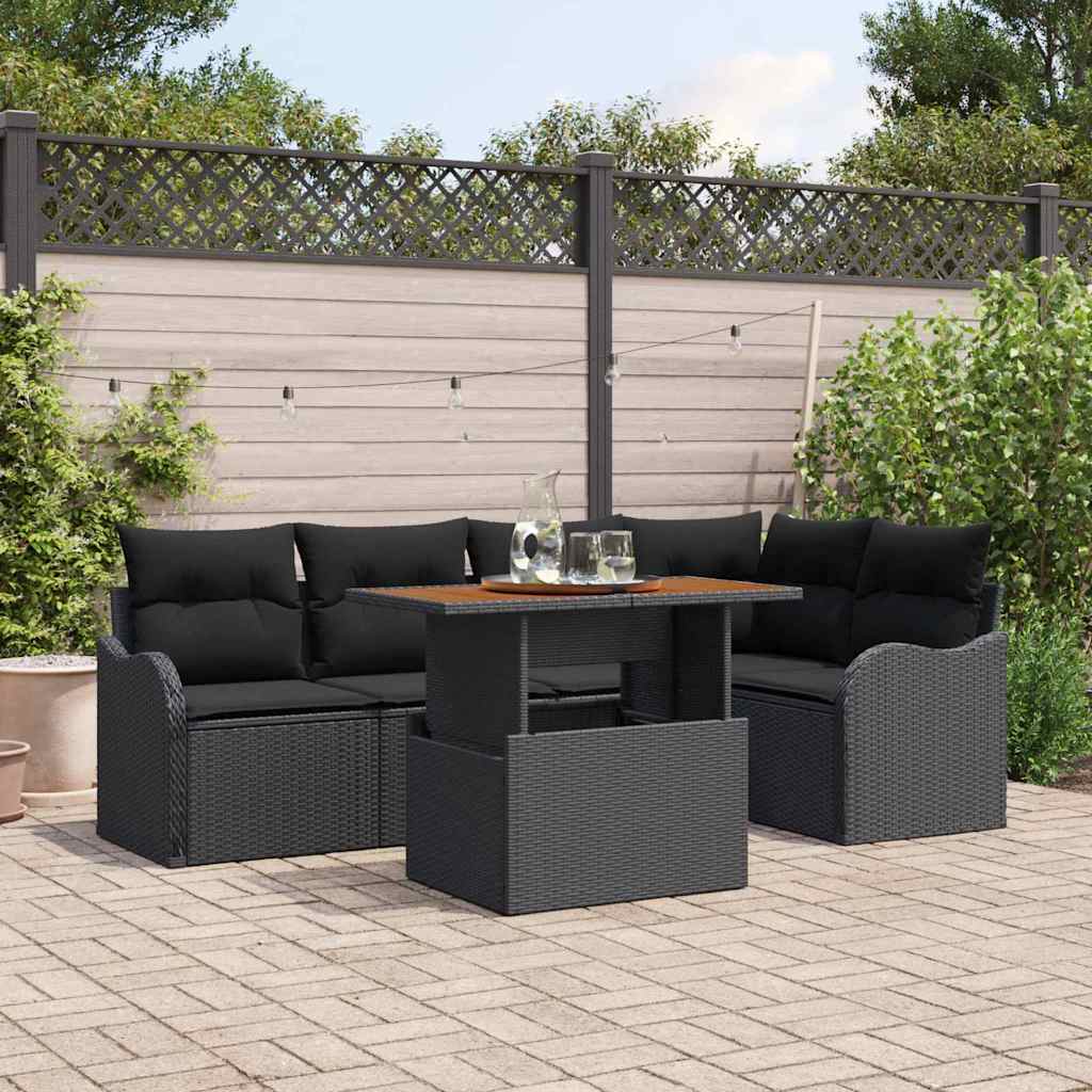 Gartensofa-set mit Kissen 6 pcs Schwarz Poly-Rattan