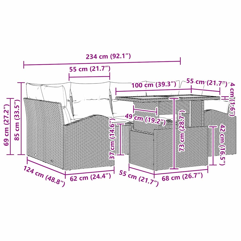 Garten-Sofa-Set mit Kissen 7 pcs Grau