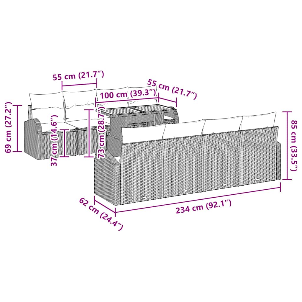 Garten-Sofa-Set mit Kissen 7 pcs Schwarz