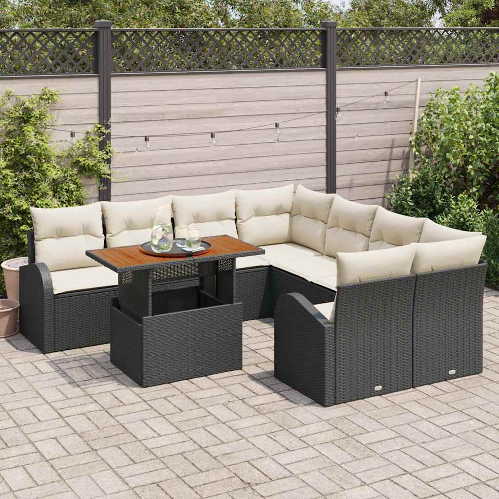 Garten-Sofa-Set mit Kissen 9 pcs Schwarz und Creme