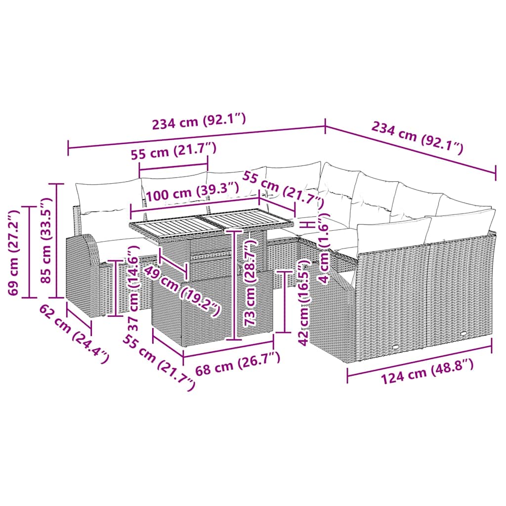Garten-Sofa-Set mit Kissen 9 pcs Schwarz und Creme