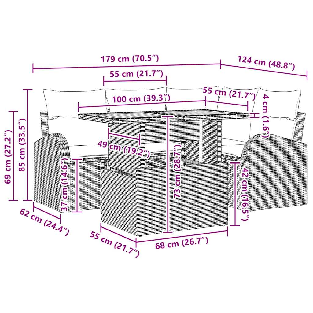 Garten-Sofa-Set mit Kissen 5 pcs Beige und Creme