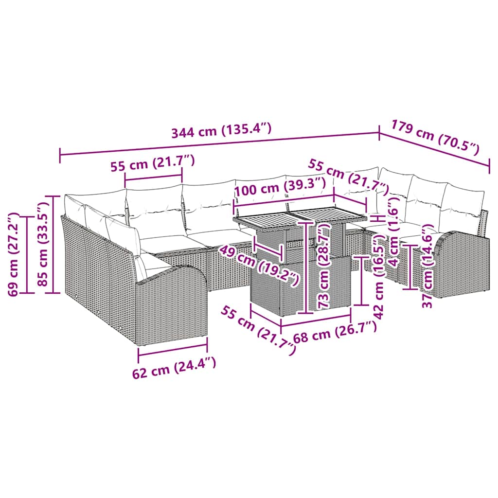 Garten-Sofa-Set mit Kissen 11 pcs Grau