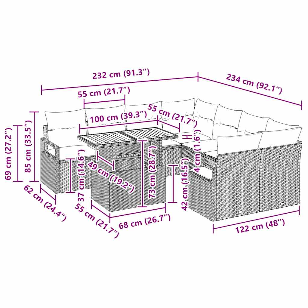 Garten Essgruppe mit Kissen 9 pcs Grau und Braun