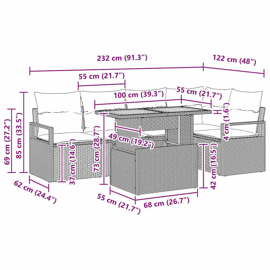 Garten Essgruppe mit Kissen 6 pcs Grau und Braun