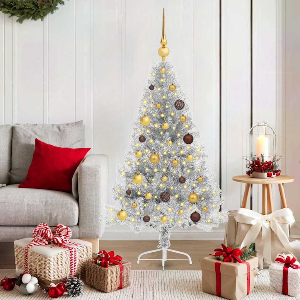 Künstlicher vorbeleuchteter Weihnachtsbaum Silber 150 cm PET