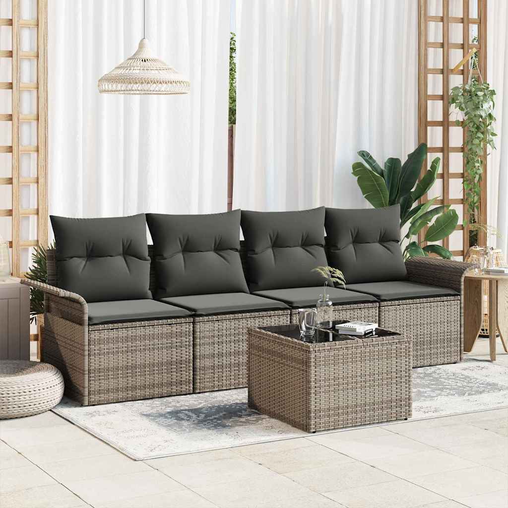 Gartensofa-set mit Kissen mit Speicher 5 pcs Grau Poly-Rattan