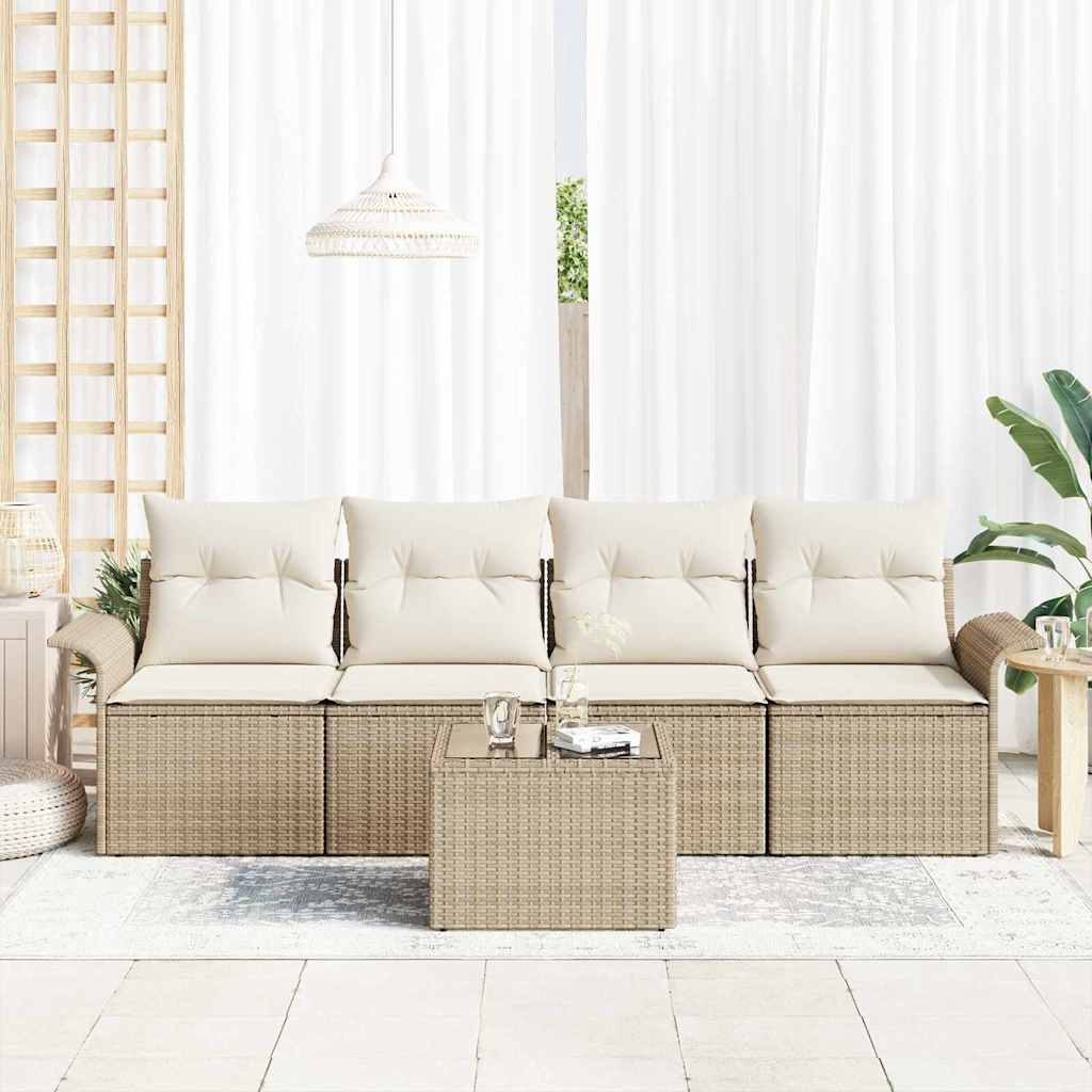 Gartensofa-set mit Kissen 5 pcs Beige und Creme Poly-Rattan