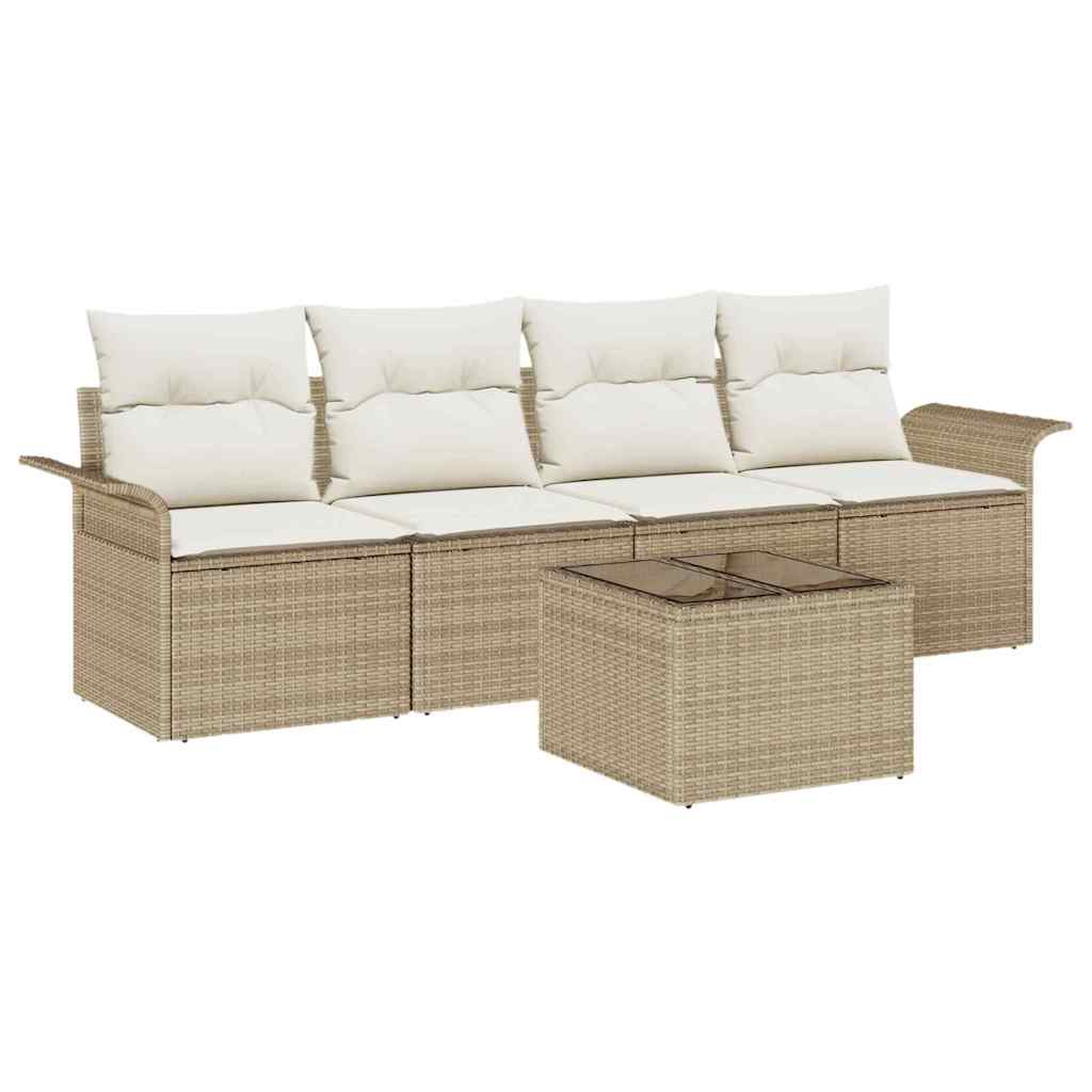 Gartensofa-set mit Kissen 5 pcs Beige und Creme Poly-Rattan