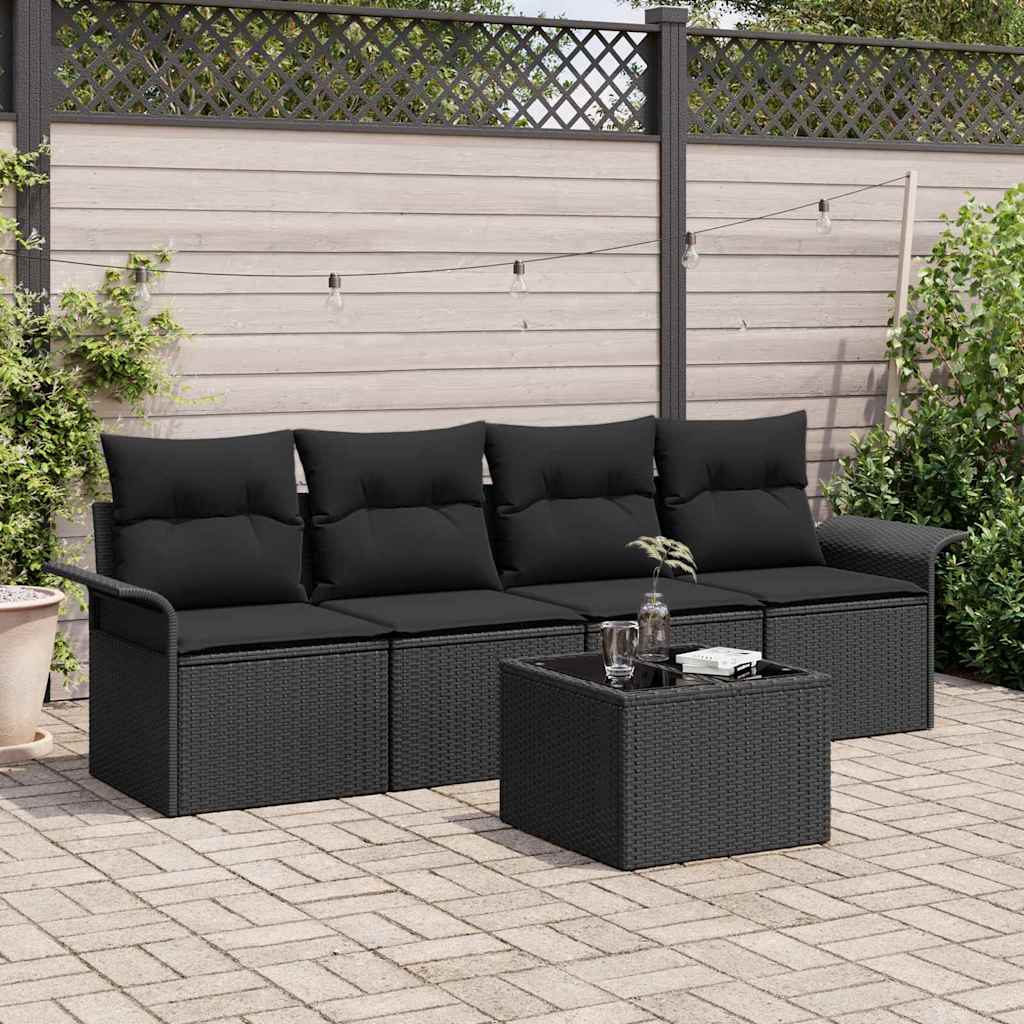 Gartensofa-set mit Kissen 5 pcs Schwarz Poly-Rattan