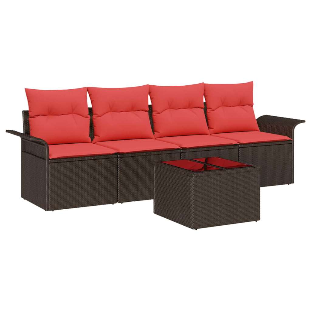 Gartensofa-set mit Kissen 5 pcs Beige und Rot Poly-Rattan