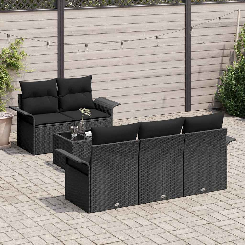 Garten-Sofa-Set 6 pcs Schwarz Poly-Rattan und Stahl und Glas