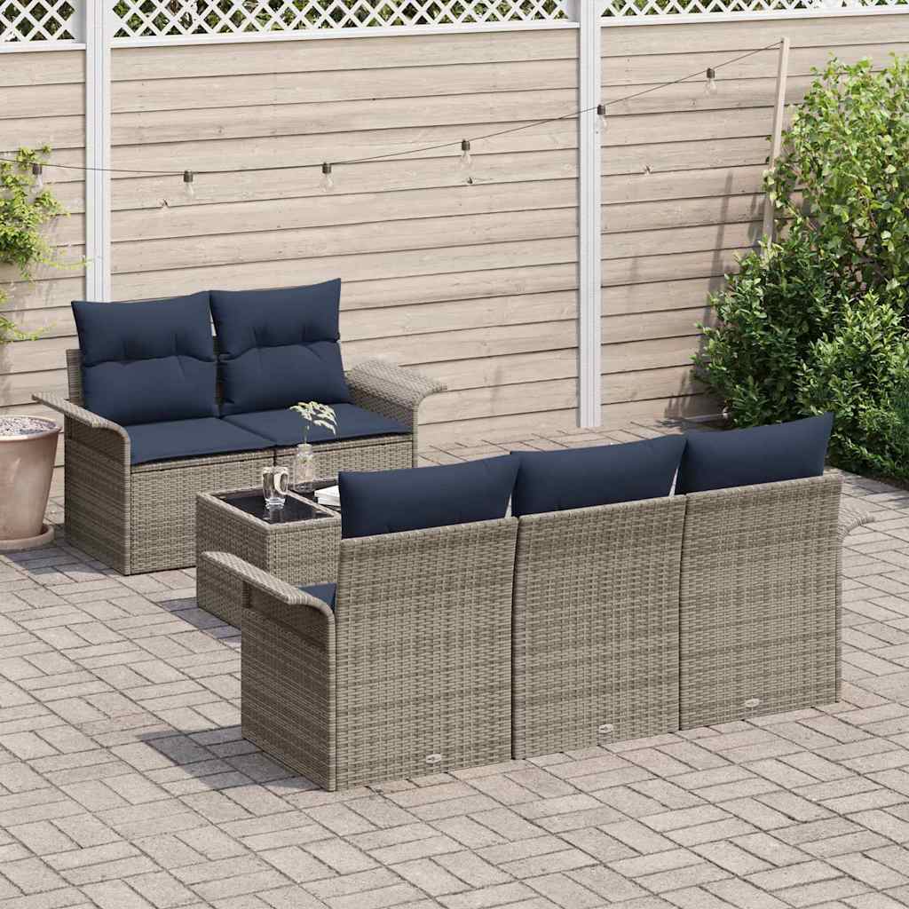 Gartensofa-set mit Kissen 6 pcs Grau und Marineblau Poly-Rattan