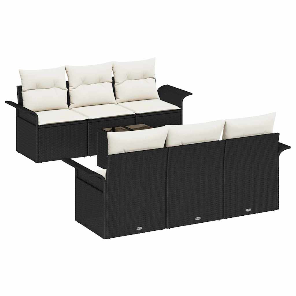 Gartensofa-set mit Kissen 7 pcs Schwarz und Creme Poly-Rattan