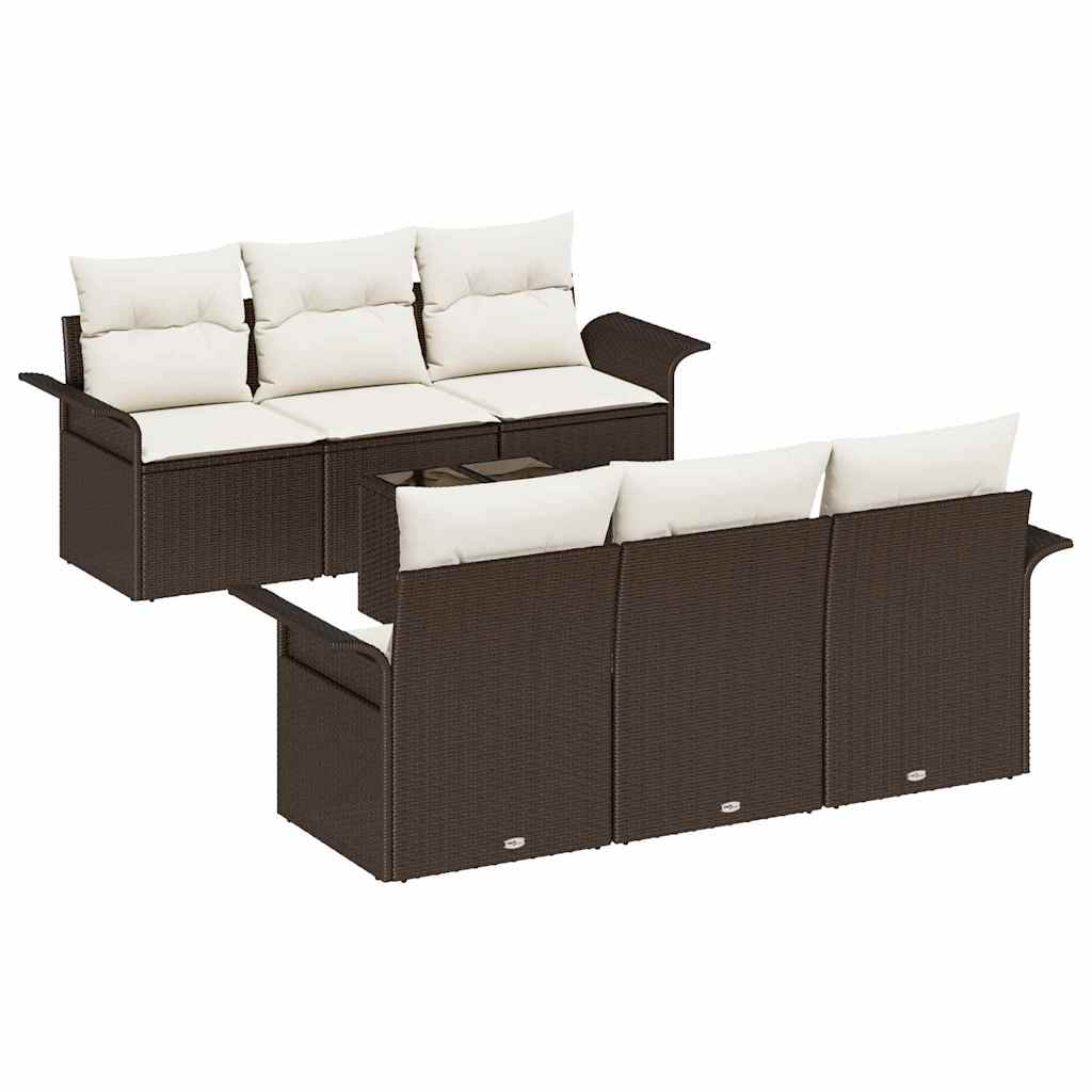 Gartensofa-set mit Kissen 7 pcs Braun und Creme Poly-Rattan