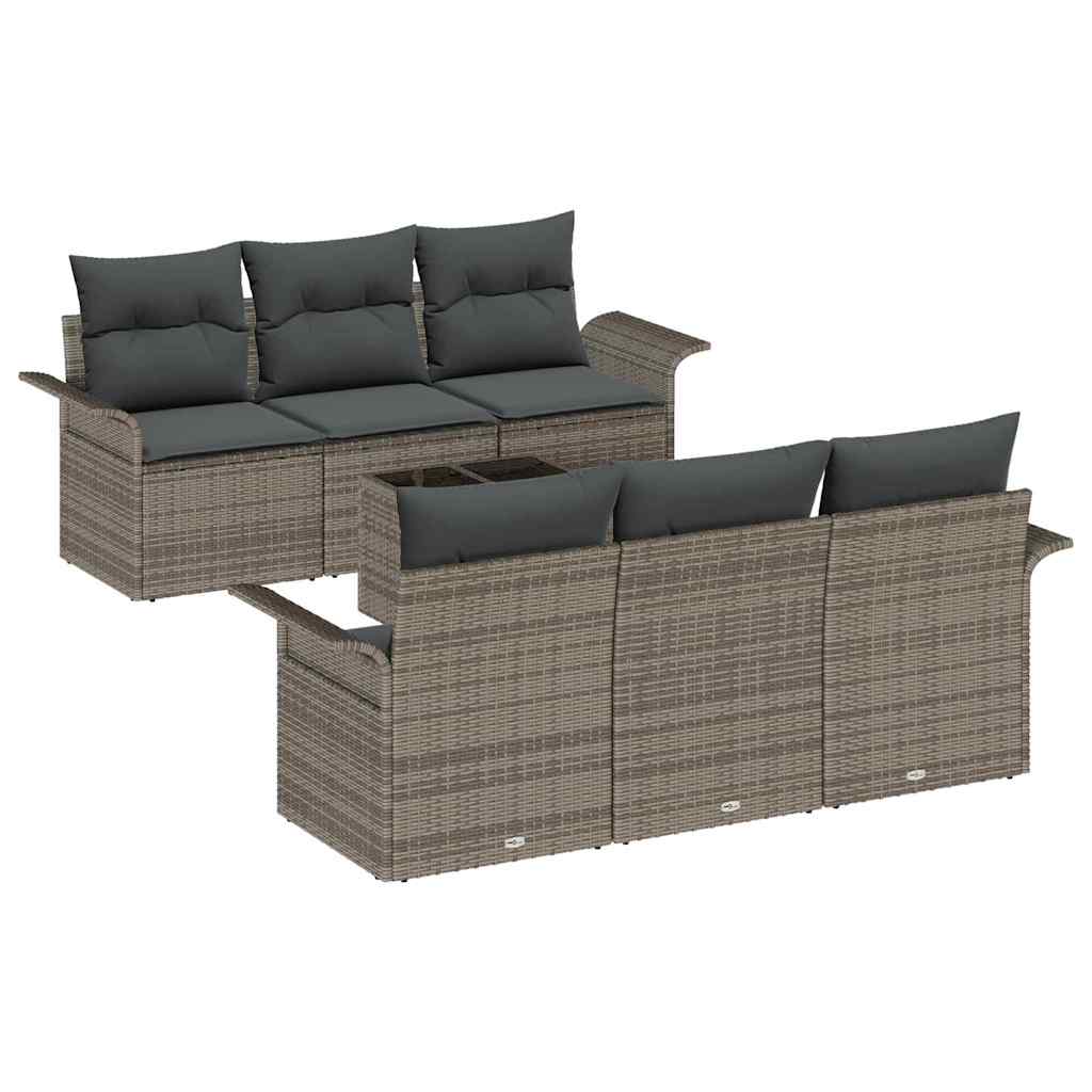 Gartensofa-set mit Kissen mit Speicher 7 pcs Grau Poly-Rattan
