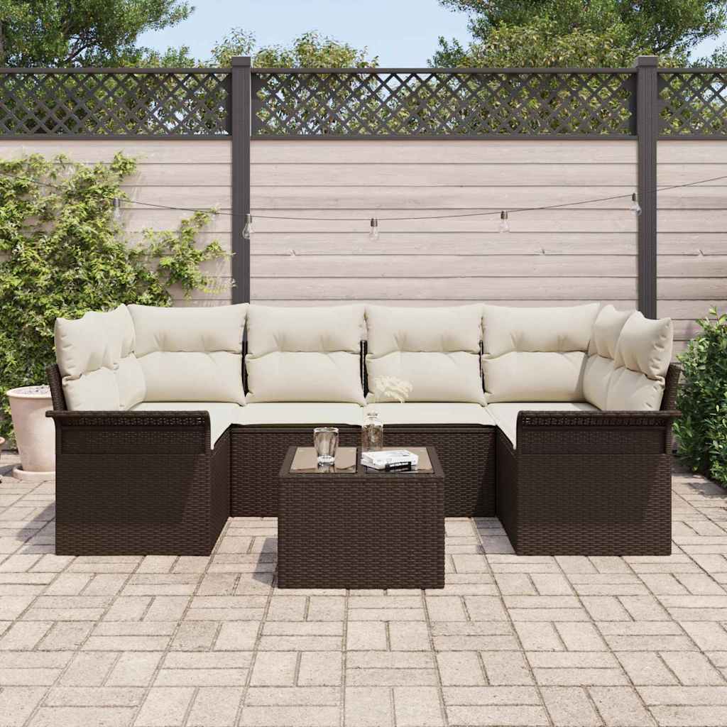 Gartensofa-set mit Kissen 7 pcs Braun und Creme Poly-Rattan