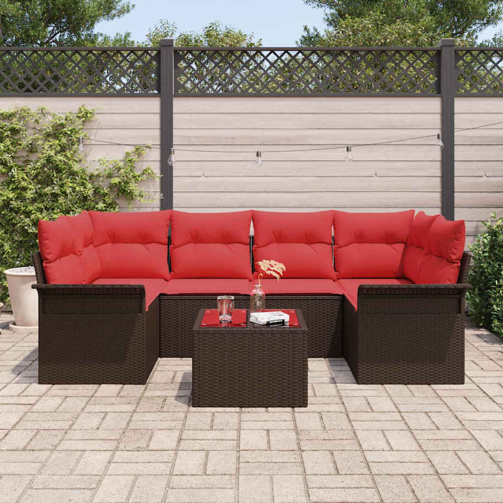 Gartensofa-set mit Kissen 7 pcs Beige und Rot Poly-Rattan
