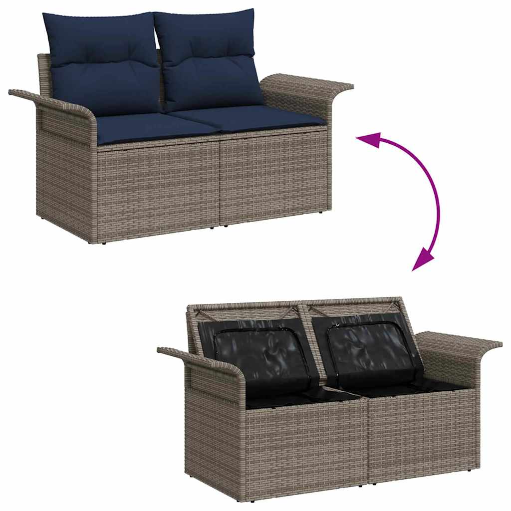 Gartensofa-set mit Kissen 7 pcs Grau und Marineblau Poly-Rattan