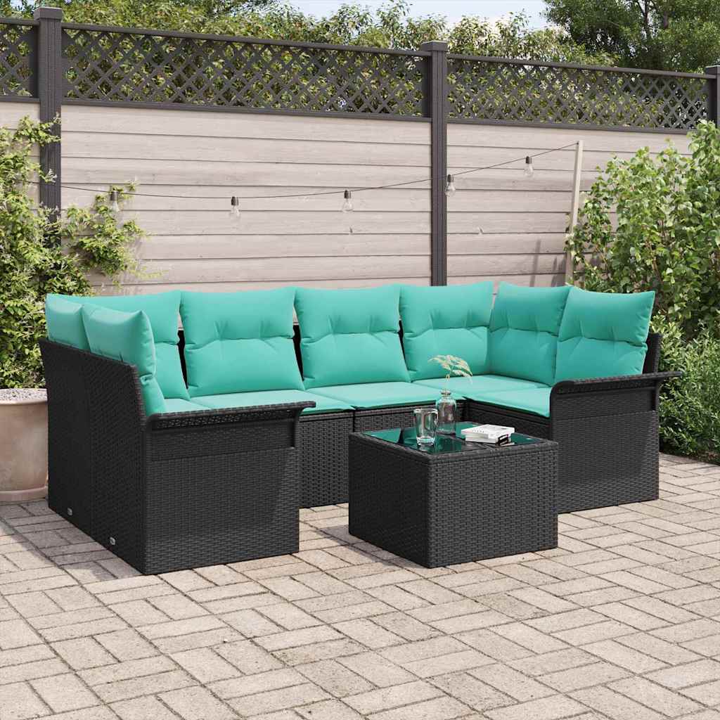 Gartensofa-set mit Kissen 7 pcs Schwarz und Türkis Poly-Rattan