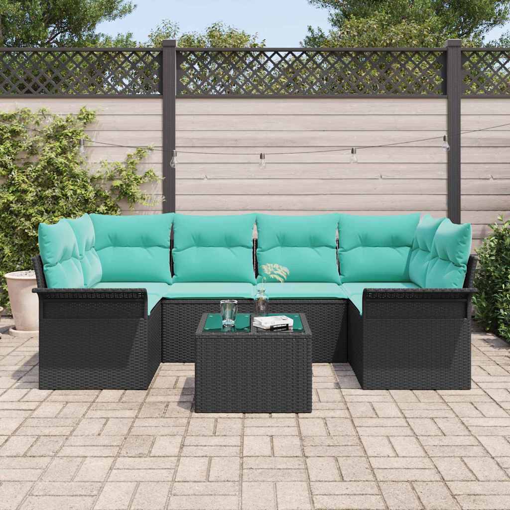 Gartensofa-set mit Kissen 7 pcs Schwarz und Türkis Poly-Rattan