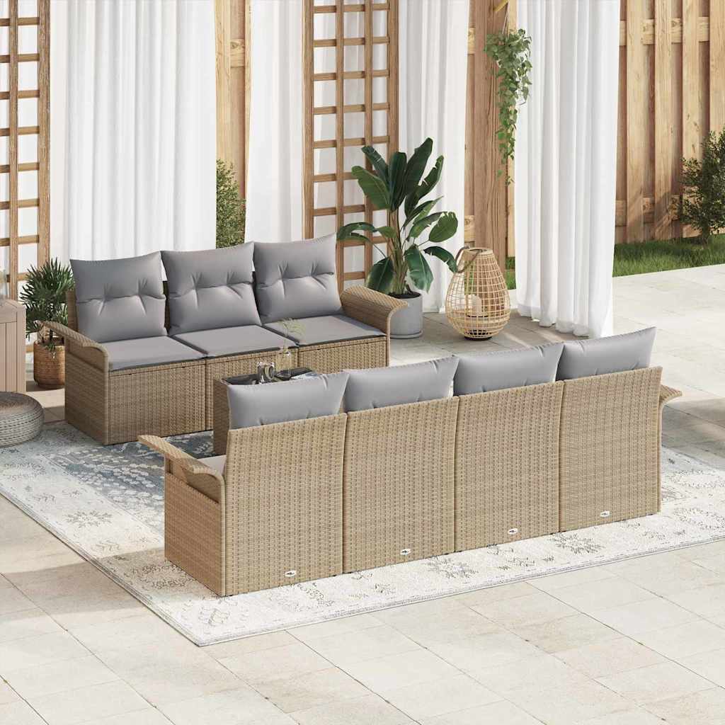 Gartensofa-set mit Kissen 8 pcs Beige und Grau Poly-Rattan