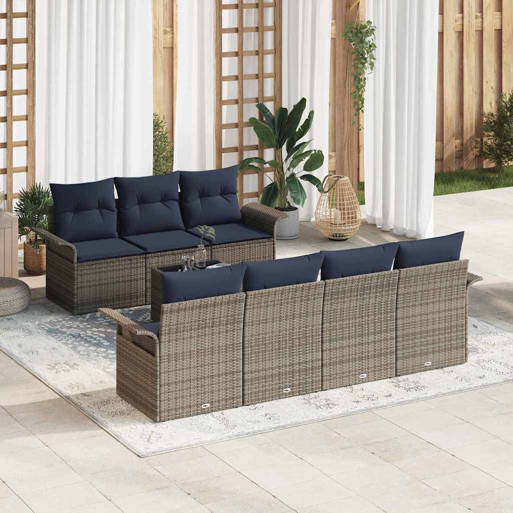 Gartensofa-set mit Kissen 8 pcs Grau und Marineblau Poly-Rattan