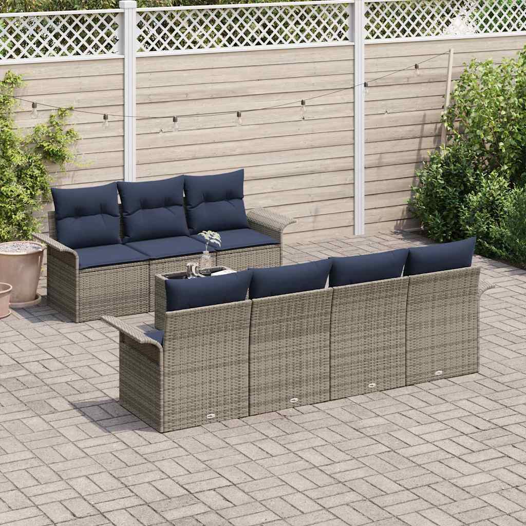 Gartensofa-set mit Kissen 8 pcs Grau und Marineblau Poly-Rattan
