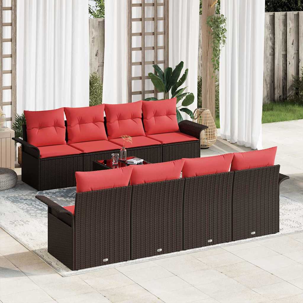 Gartensofa-set mit Kissen 9 pcs Beige und Rot Poly-Rattan