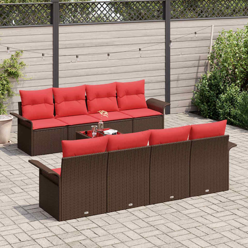 Gartensofa-set mit Kissen 9 pcs Beige und Rot Poly-Rattan