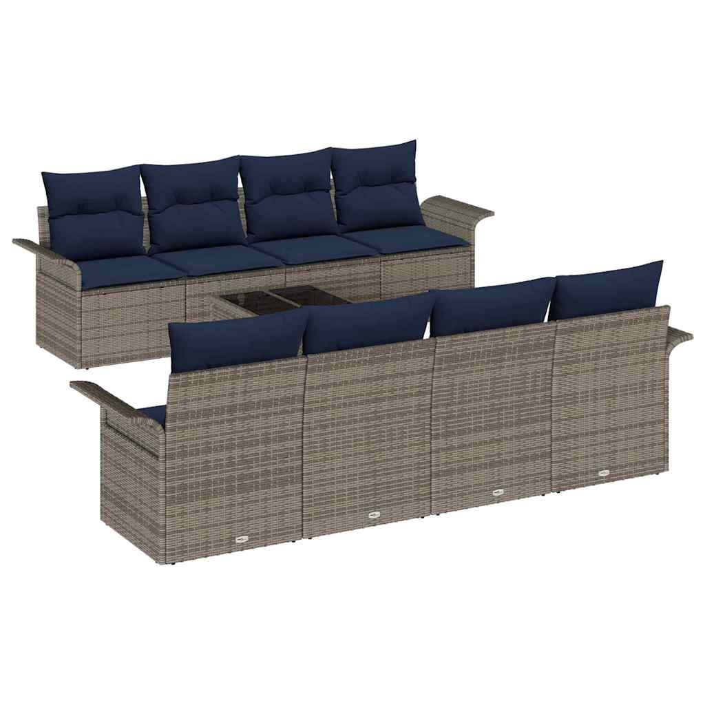 Gartensofa-set mit Kissen 9 pcs Grau und Marineblau Poly-Rattan